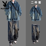花花公子（PLAYBOY）牛仔套裝男高街潮牌外套秋季休閑潮流學(xué)生穿搭牛仔褲設(shè)計感兩件套 復(fù)古藍(lán)牛仔外套+K109復(fù)古藍(lán)牛仔 XL