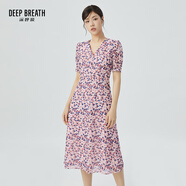 深呼吸DEEP BREATH女裝V領(lǐng)中長(zhǎng)高腰泡泡袖收腰碎花連衣裙A500197 粉紫-花 S (2碼)