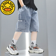 G.DUCKKIDS男童短褲夏季薄款大童夏裝男孩中褲工裝潮牌外穿五分兒童牛仔褲子 淺藍色 110 適合身高95-103cm28-33斤