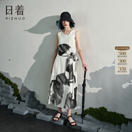 日著(zhù)尋v領(lǐng)無(wú)袖系帶連衣裙2025夏季新款不對稱(chēng)原創(chuàng  )印花氣質(zhì)長(cháng)裙女 靜影白 S