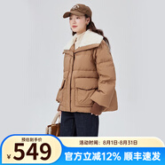 艾萊依（ERAL）翻領羽絨服女新款仿羊羔毛領短款收腰外套冬 奶咖棕 S 155【建議80-110斤】