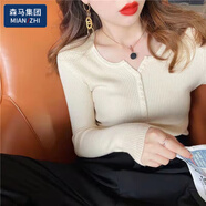 棉致秋冬ins嘻哈風(fēng)長(cháng)袖顯瘦針織打底衫紐扣毛衣修身緊身上衣短款上衣 杏色 均碼