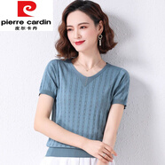 皮爾卡丹（pierre cardin）夏季鏤空冰絲針織衫薄款寬松時(shí)尚洋氣短袖T恤v領(lǐng)百搭套頭上衣 藍(lán)色今年流行的輕奢品牌 S 建議70-85斤