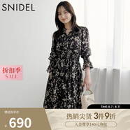 SNIDEL秋冬甜美碎花系帶收腰百褶雪紡連衣裙SWFO245033 棕色 L （2）