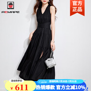 AEMAPE2025夏季流行單品時(shí)尚輕熟優(yōu)雅大氣長(zhǎng)裙子女神范開(kāi)叉赫本風(fēng)連衣裙 宴會(huì)黑 M