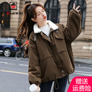 AEMAPE外套女2025春秋冬季新款時(shí)尚短外套女裝羊羔毛加絨加厚工裝 棕色 M _建議100-115斤
