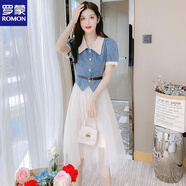羅蒙（ROMON）夏季牛仔拼接網(wǎng)紗連衣裙子女裝2025年夏天新款超仙氣質(zhì)顯瘦仙女裙 米白色 S