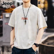 JEEP SPIRIT吉普高端釣魚印花短袖t恤男士夏季寬松大碼半袖涼感休閑體恤男 杏色 5XL 適合220-240斤
