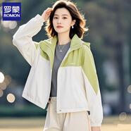 羅蒙（ROMON）沖鋒衣女春秋款2025新款高級感減齡漂亮洋氣休閑拼色連帽外套女 杏色拼色雙層外套 S 建議100斤以內(nèi)