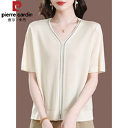 皮爾卡丹（pierre cardin）桑蠶絲短袖針織T恤衫女夏季寬松V領(lǐng)時(shí)尚年輕媽媽薄款半袖遮肚上衣 米色 S (適合85-96斤)