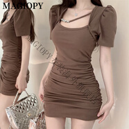 MAGIOPY國際奢侈高檔品牌MAGIOPY輕奢韓版時(shí)尚純欲風(fēng)低方領(lǐng)修身短裙性感 卡其色[高質(zhì)量] S 建議75-96斤