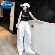 A 21 FUNB女童褲子夏裝2025新款兒童夏季速干褲大童女孩白色工裝褲套裝 套裝【黑背心+白工裝褲】 110 cm