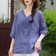 晉影2025夏新款新中式棉麻T(mén)恤花朵刺繡禪意茶服上衣女文藝復古小衫LDY 文藝復古 藍色 XL 建議115-125斤
