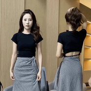 冉藝嵐同款今年流行2025夏季新款氣質(zhì)短袖T恤女后背設計感鏤空短款上衣 露背黑色上衣 S