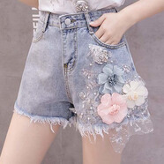 BJORN MOAN夏季新款歐洲站女刺繡亮片立體花朵短袖T恤+毛邊牛仔短褲兩件套裝 牛仔短褲 XS 85斤以下