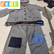ZKHE老紅做舊演出服破爛補(bǔ)丁衣服狼牙山五壯士舞臺話劇表演服裝 灰色棉麻加血跡加補(bǔ)丁 M 130c
