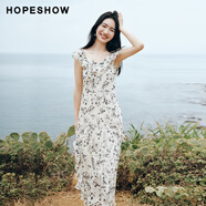 紅袖（hopeshow）復古碎花連衣裙夏季新款鉆石領(lǐng)雪紡裙 米底黑花670 M
