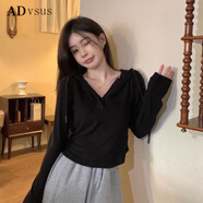 ADVSUS特大碼胖MM300斤連帽長袖T恤女春裝韓版設(shè)計感不規(guī)則顯瘦上衣 黑色官方旗艦今年流行的 M 建議80-100斤