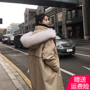 AEMAPE派克服女2025春秋冬季新款時(shí)尚氣質(zhì)羽絨服女中長(zhǎng)款過(guò)膝外套 卡其+白色真毛 S _適合100—118斤