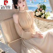 皮爾卡丹（pierre cardin）茶歇法式杏色露肩雪紡連衣裙2025新款夏季度假風(fēng)獨特別致收腰長(cháng)裙 連衣裙輕感港風(fēng) 小香風(fēng) 學(xué)院風(fēng)  S 【建議80-95斤】