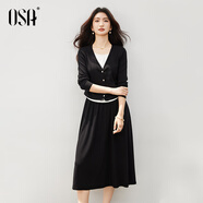 歐莎秋季2025新款黑色套裝女假兩件上衣過(guò)膝半身裙時(shí)尚兩件套