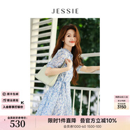 JESSIE法式度假風連衣裙夏季2024新款女短袖收腰裙子 藍色 M