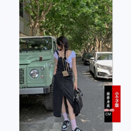 VJWK牛仔背帶裙女夏季薄款開叉牛仔背帶裙女150小個子夏季直筒法式高 黑色 S