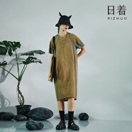日著原創(chuàng)設(shè)計(jì)女裝2025夏季新款圓領(lǐng)寬松條紋繭型中長(zhǎng)針織連衣裙子 影黃條 XL