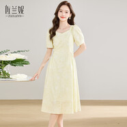 樂佐妮法式收腰泡泡袖連衣裙女夏感中長款氣質(zhì)洋氣印花溫柔海邊度假 黃色 2XL