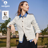 納維凱爾意大利小帆船女士全羊毛絞花針織開(kāi)衫毛衣外套2334094512 白 L 