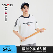 三福2025夏季男士運動風(fēng)杠條短袖T恤 休閑寬松圓領(lǐng)上衣497849 淺灰 XL