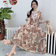 啄木鳥(niǎo)民族風(fēng)棉綢連衣裙女夏裝新款v領(lǐng)仙女碎花裙舒適花邊喇叭袖大擺裙 白底貝類(lèi) M 90-105斤