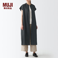 無印良品（MUJI）女式 亞麻水洗 法國袖連衣裙 BCL49C2S 黑色 XS-S