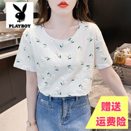 花花公子品牌純棉短袖t恤夏季女裝正肩ins潮2025新款寬松白色半袖體恤上衣 1033花 S 建議80-95斤