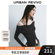 UR秋季新款女設(shè)計感翻領(lǐng)一字肩露肩修身針織衫UWJ940033 正黑 S