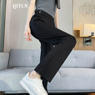 QIYUN窄版直筒褲女夏季薄款女士2025新款春秋高腰九分女褲休閑西裝褲子 黑色九分(春秋款) M 【99-109斤】