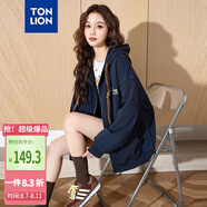 唐獅（TonLion）2024女連帽左胸印花字母開衫外套 藏青 L 