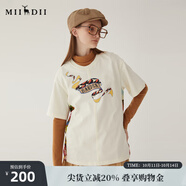 謎底寬松印花T恤女2024夏季新款復古印花后背拼接上衣女246MT7049 米白 XL