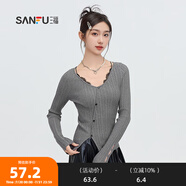 三福毛衣2025春季蕾絲拼接掛脖不對稱下擺上衣女裝495859 淺灰色 M