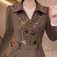 克圖克蕓菲匯優(yōu)選時(shí)尚洋氣連衣裙2025新款貴夫人亮片媽媽裝收腰顯瘦 卡其色 M 【建議80-90斤】