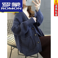 羅蒙（ROMON）羊毛慵懶風(fēng)流蘇毛衣外套女25秋冬新款韓版寬松單排扣針織開(kāi)衫女 藏藍(lán)色. M 建議95-110斤左右.