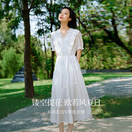 茵曼萊賽爾鏤空蕾絲V領(lǐng)連衣裙夏季女裝百搭木耳邊短袖裙子 云朵白 L