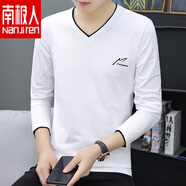南極人純棉休閑男士雞心領(lǐng)長(zhǎng)袖t恤外穿薄款秋衣韓版潮流男裝體恤打底衫 白色 929 M