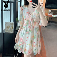 花花公子（PLAYBOY）2025新款夏季碎花連衣裙韓版瑞麗甜美淑女型荷葉邊氣質(zhì)顯廋連衣裙 杏色連衣裙 S 80-100斤