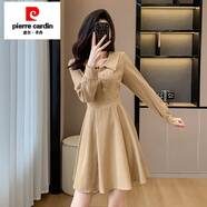 皮爾卡丹秋裝新款女裝小個(gè)子娃娃領(lǐng)法式咖啡色長(cháng)袖連衣裙高腰A字打底裙子 咖啡色GT423  S393 M