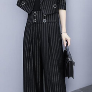 沐依琳條紋休閑褲女裝套裝女秋裝新款洋氣名媛氣質(zhì)韓版闊腿褲兩件套女 黑色單褲子 XL (建議125斤-140斤)
