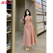 唐思薇大碼法式短袖連衣裙女裝夏季蝴蝶結(jié)赫本風(fēng)小黑裙胖MM收腰顯瘦裙子 粉紅色 L 建議100~120斤