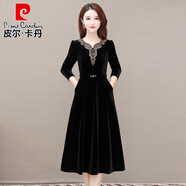 皮爾卡丹（pierre cardin）金絲絨連衣裙2025新款春秋冬喜婆婆婚宴裝媽媽禮服旗袍高端高級感 黑色-廣州十三行女裝爆款洋裝高 2XL (適合116-125斤)