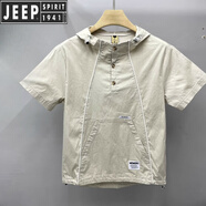 JEEP SPIRIT吉普夏季新款短袖男韓版修身潮流拼接連帽工裝大兜系扣靜色T恤半 淺灰色 M 100斤以下