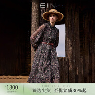 EIN言浪漫碎花印花蕾絲翻領(lǐng)長燈籠袖文藝雪紡連衣裙2025夏季新款 石墨黑 L